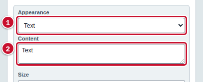 The Appearance section: the appearance list with Text chosen (1) and the Content field with the default word Text (2)