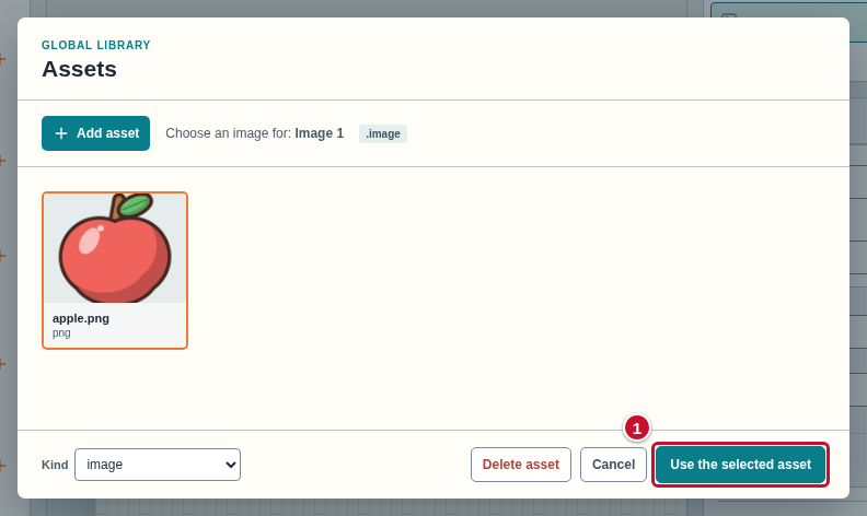 The Assets window, with the Use the selected asset button marked with the number 1