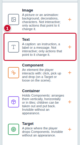 The Components panel with the Text entry marked with the number 1