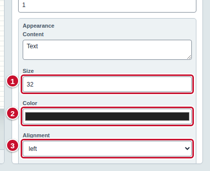 The Appearance section: the Size (1), Color (2) and Alignment (3) fields