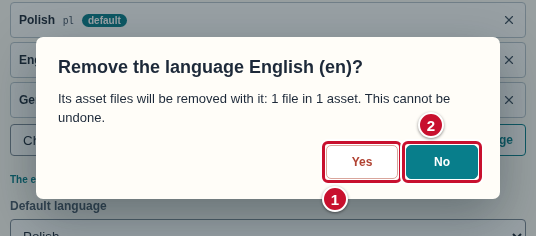 The question about removing the English language with its texts and files; the buttons Yes (1) and No (2)