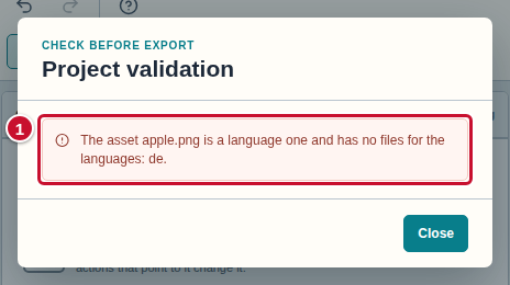 The Project validation window with a row about the missing files of the asset apple.png, marked with the number 1
