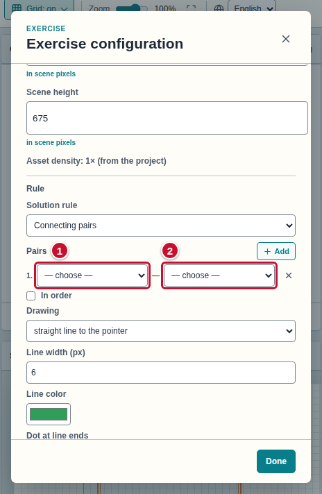 A pair row in the Pairs list: two “— choose —” lists marked with the numbers 1 and 2