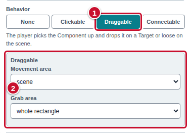 The Behavior control with the Draggable button chosen (1) and the section with the dragging options (2)