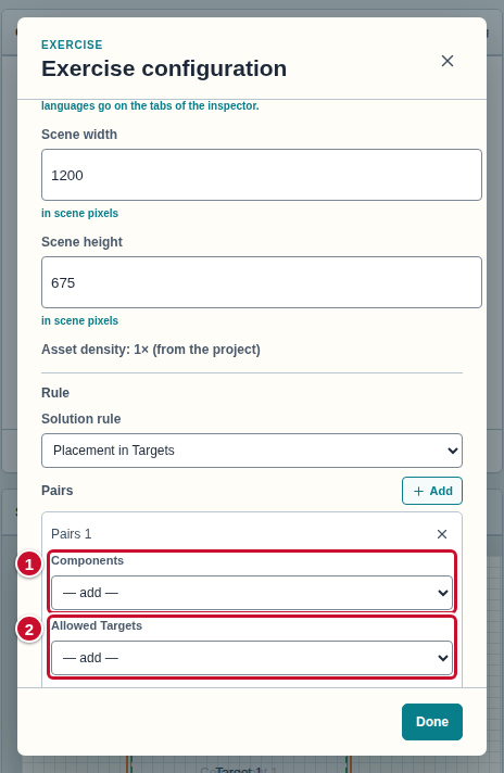 The entry “Pairs 1” with the lists Components (1) and Allowed Targets (2), both with the item “— add —”