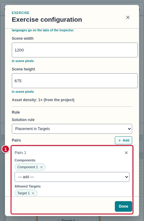 The entry “Pairs 1” with the chosen Component in the Components list and the Target in the Allowed Targets list, marked with the number 1