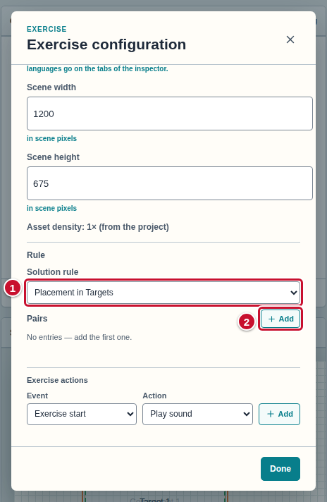 The Rule section of the Exercise configuration window: the Solution rule field with the value Placement in Targets (1) and the empty Pairs list with the Add button (2)