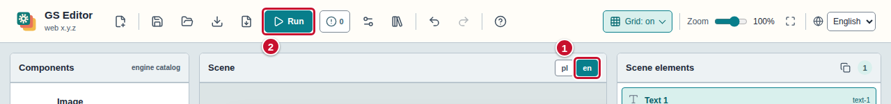 The toolbar and the stage bar: the en switch (1) and the Run button (2)