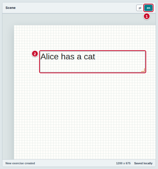 The scene after clicking the en switch (1): the Text shows the caption Alice has a cat (2)