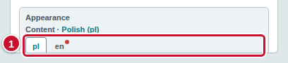 Language tabs pl and en above the Content field, marked with the number 1; the en tab has a red dot