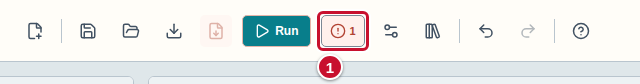 The toolbar: a red button with the number of problems, marked with the number 1, and next to it the Run button