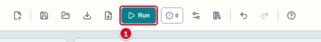 The toolbar: the Run button marked with the number 1