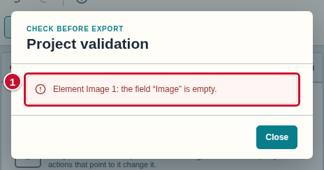 The Project validation window with one problem, marked with the number 1