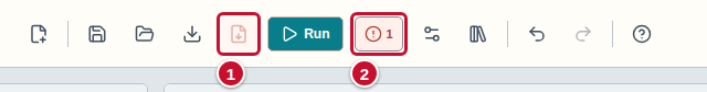 The toolbar with the faded Export projekt.json for the engine icon (1) and the problem counter (2)