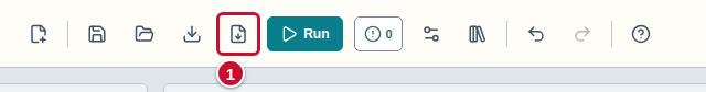 The toolbar: the Export projekt.json for the engine icon marked with the number 1