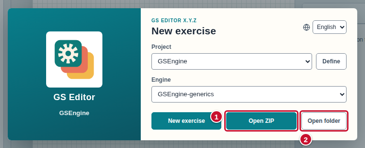 The start window with the buttons Open ZIP (1) and Open folder (2)