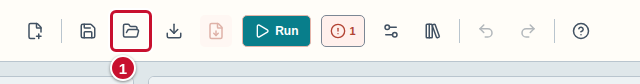 The toolbar: the Open an exercise (ZIP) icon marked with the number 1