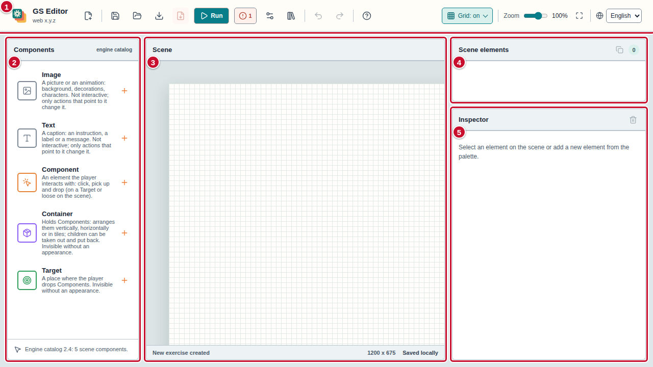 An empty editor with five marked parts: the toolbar (1), the Components panel (2), the Scene panel (3), the Scene elements list (4) and the Inspector panel (5)