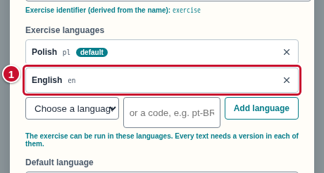 The list of exercise languages with English added, marked with the number 1