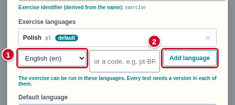 English chosen in the selection box (1) and the Add language button marked with the number 2