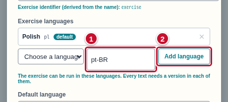 The box with the code pt-BR marked with the number 1 and the Add language button marked with the number 2