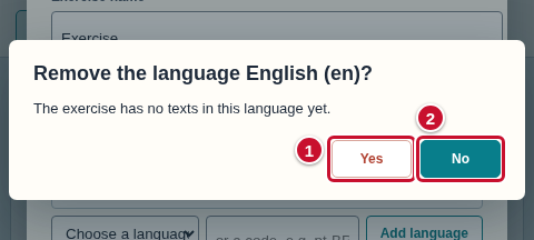 The question about removing a language, with the buttons Yes (1) and No (2)