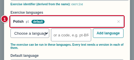 The Exercise languages list with one language, Polish, marked with the number 1 and the label default