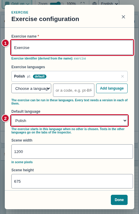 The Exercise configuration window: the Exercise name field (1) with the default name, the language list below it, and the Default language list (2) with a hint underneath