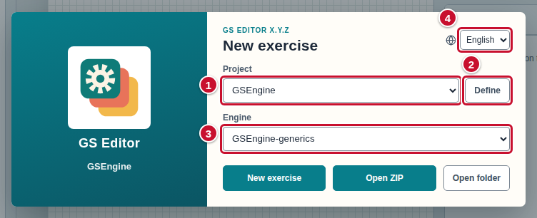 The start window: the Project list (1), the Define button (2), the Engine list (3) and the editor language selector (4)