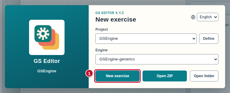 The start window with the New exercise button marked with the number 1