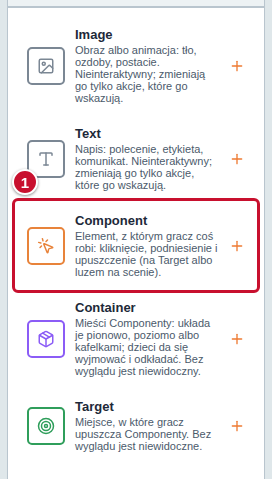 Panel Componenty z pozycją Component oznaczoną numerem 1