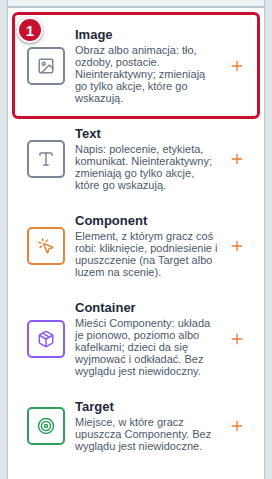 Panel Componenty z pozycją Image oznaczoną numerem 1