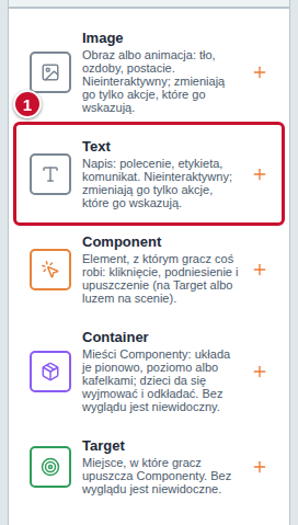 Panel Componenty z pozycją Text oznaczoną numerem 1
