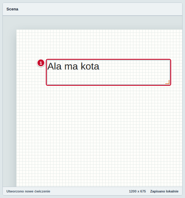 Scena, na której Text pokazuje wpisaną treść Ala ma kota, oznaczony numerem 1