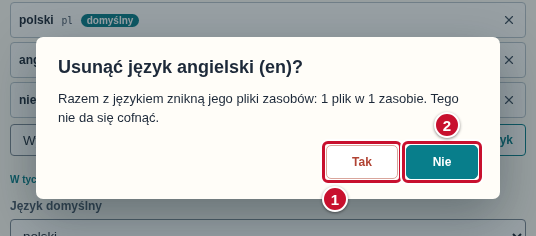Pytanie o usunięcie języka angielskiego razem z jego tekstami i plikami; przyciski Tak (1) i Nie (2)