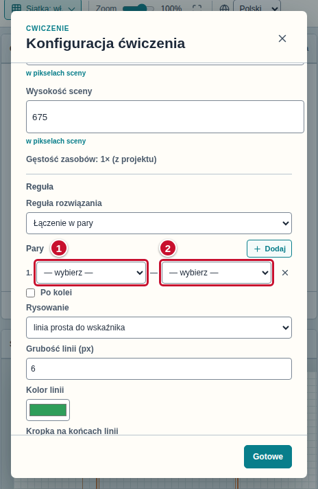 Wiersz pary na liście Pary: dwie listy „— wybierz —” oznaczone numerami 1 i 2