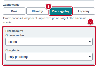 Kontrolka Zachowanie z wybranym przyciskiem Przeciągalny (1) i sekcją opcji przeciągania (2)