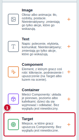 Panel Componenty z pozycją Target oznaczoną numerem 1