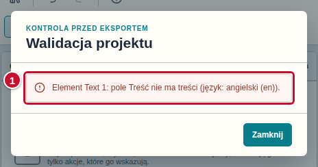 Okno Walidacja projektu z jednym brakiem tłumaczenia oznaczonym numerem 1