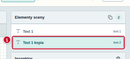 Lista Elementy sceny z elementem Text 1 i jego kopią, oznaczoną numerem 1