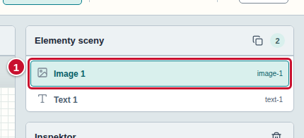 Lista Elementy sceny z elementami Image 1 i Text 1; zaznaczony wiersz Image 1 oznaczono numerem 1