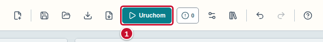 Pasek narzędzi: przycisk Uruchom oznaczony numerem 1