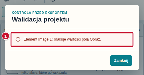 Okno Walidacja projektu z jednym problemem oznaczonym numerem 1