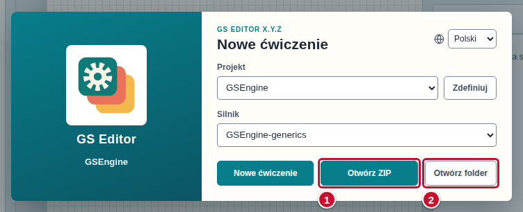 Okno startowe z przyciskami Otwórz ZIP (1) i Otwórz folder (2)