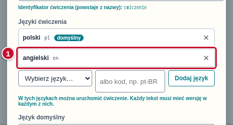 Lista języków ćwiczenia z dopisanym angielskim, oznaczonym numerem 1