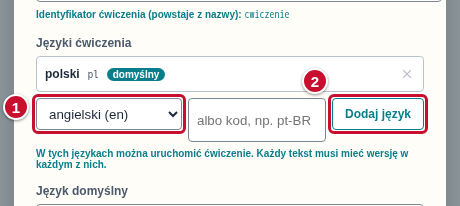 Wybrany angielski w polu wyboru (1) i przycisk Dodaj język oznaczony numerem 2