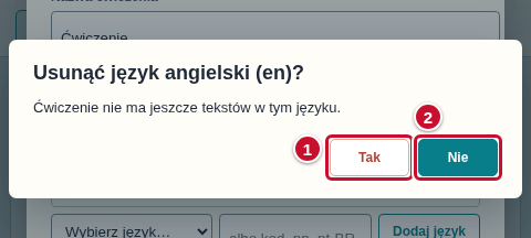 Pytanie o usunięcie języka z przyciskami Tak (1) i Nie (2)