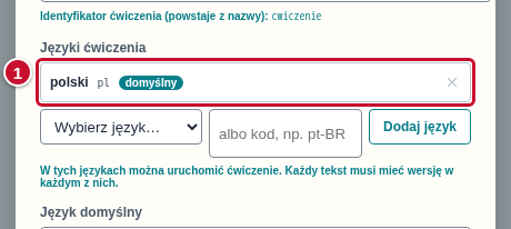 Lista Języki ćwiczenia z jednym językiem, polskim, oznaczonym numerem 1 i napisem domyślny