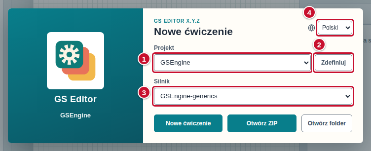 Okno startowe: lista Projekt (1), przycisk Zdefiniuj (2), lista Silnik (3) i wybór języka edytora (4)
