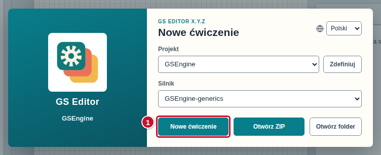 Okno startowe, przycisk Nowe ćwiczenie oznaczony numerem 1